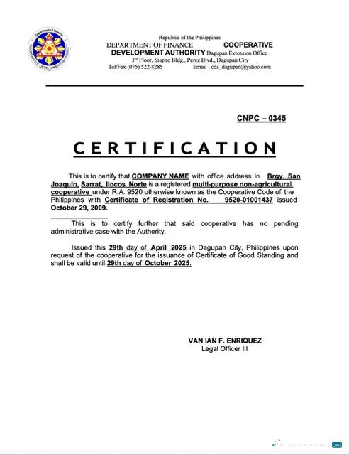 Philippines certificate of good standing Word and PDF template, version 3